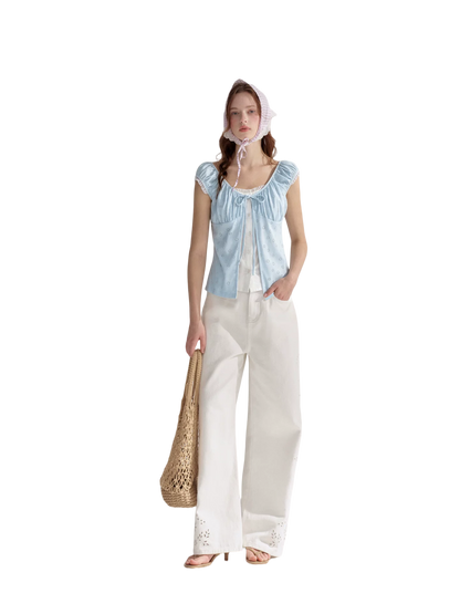 Two-Layer Floral Cutout Contrast Tie-Front Blouse