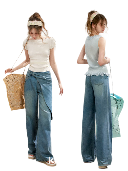 Soft Cotton Wide-Leg Jeans with Bow Detail