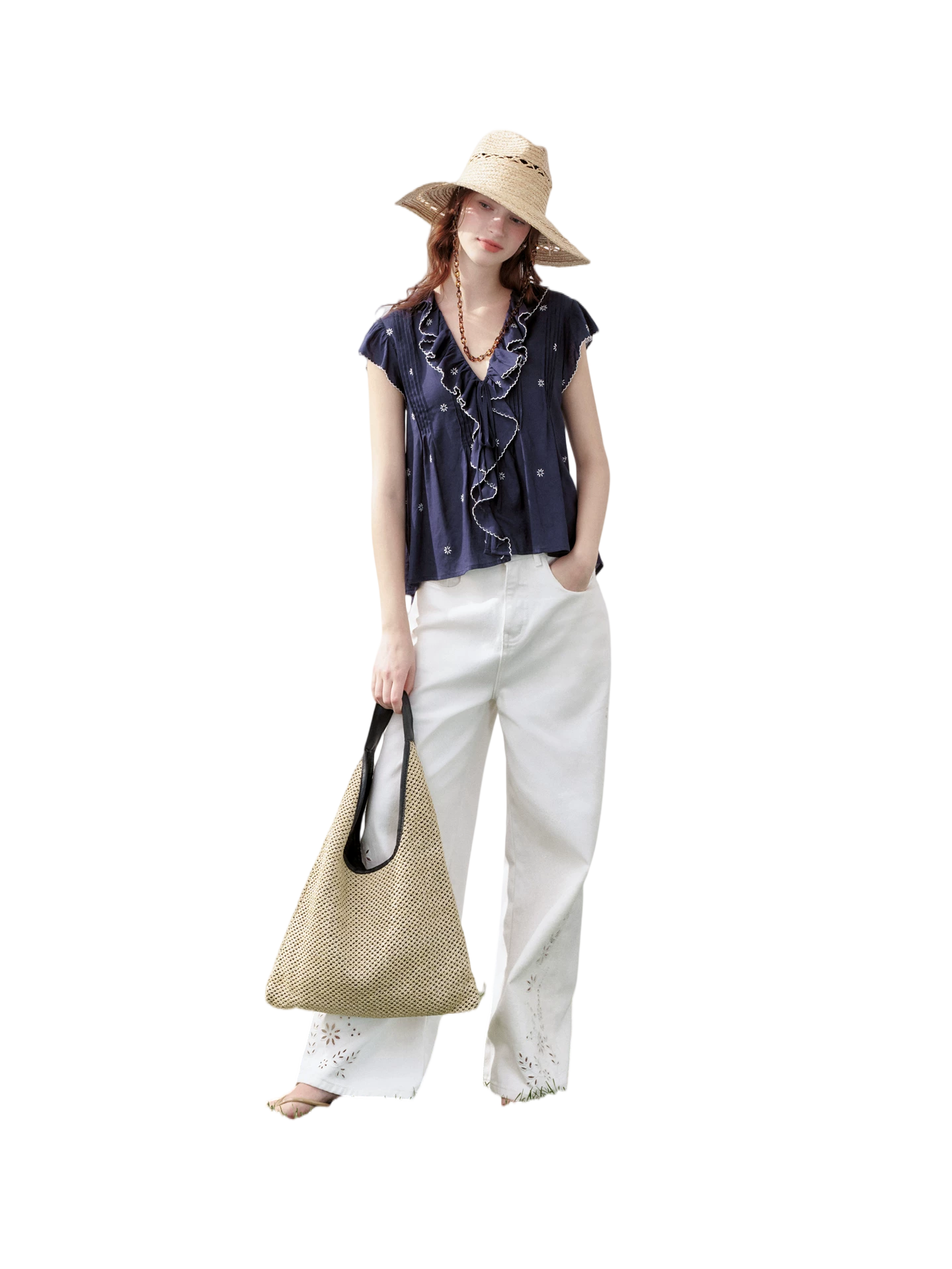Cotton-Feel Embroidered Ruffle Sleeve Blouse