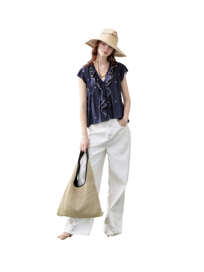 Cotton-Feel Embroidered Ruffle Sleeve Blouse