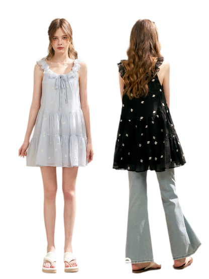 Tencel Embroidered Ruffle A-line Dress