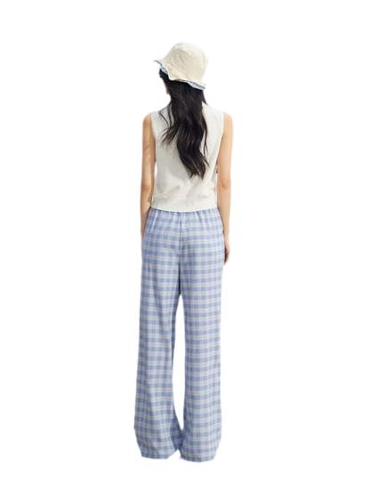 Lace Trim Plaid Wide-Leg Pants
