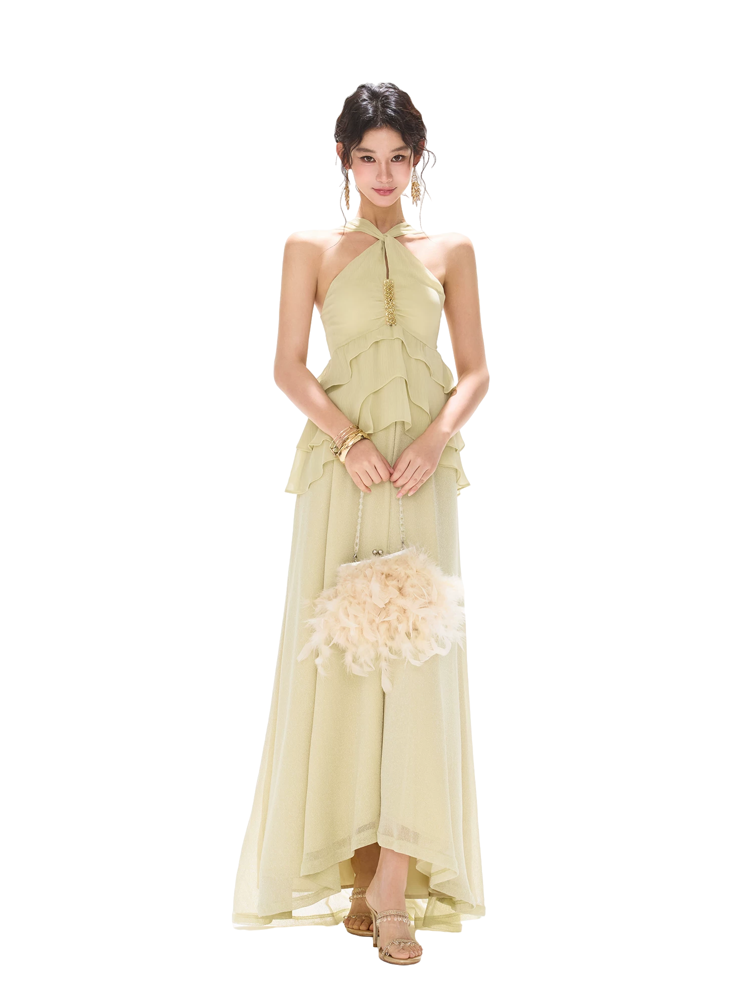 Flowing Sheer Halter Rhinestone Chiffon Long Dress Light Grass Green / M