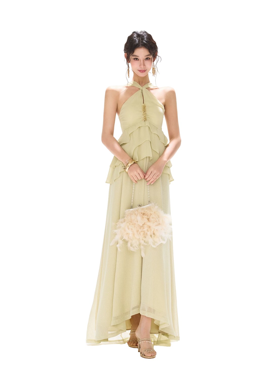 Flowing Sheer Halter Rhinestone Chiffon Long Dress