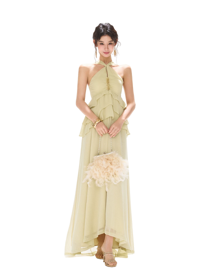 Flowing Sheer Halter Rhinestone Chiffon Long Dress