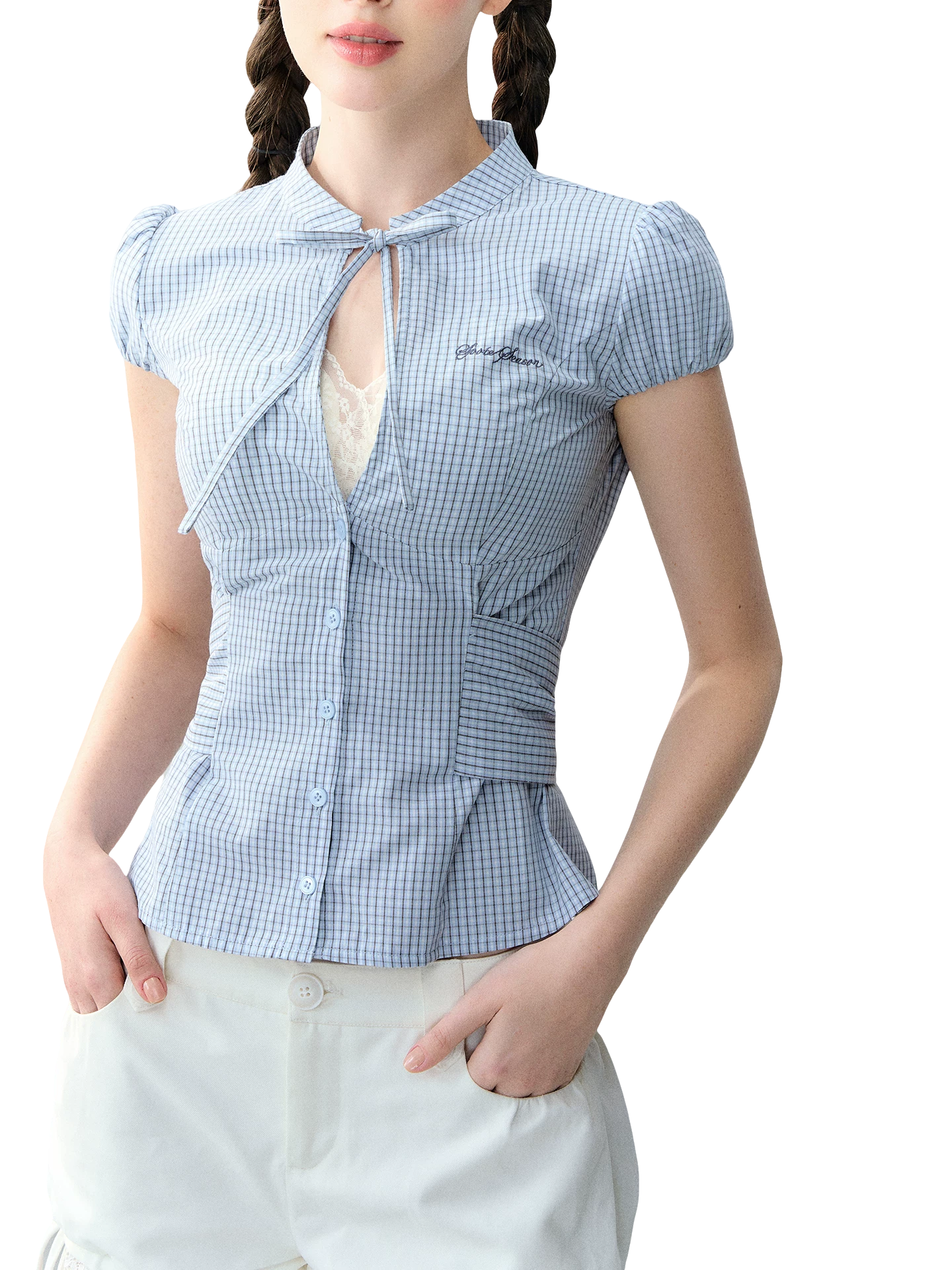 Retro Plaid Tie-Waist Hollow Waist Shirt