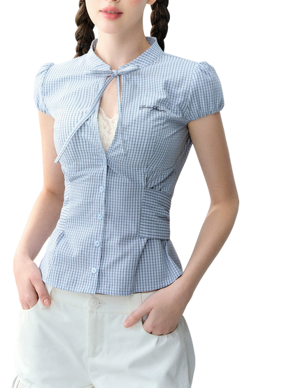 Retro Plaid Tie-Waist Hollow Waist Shirt