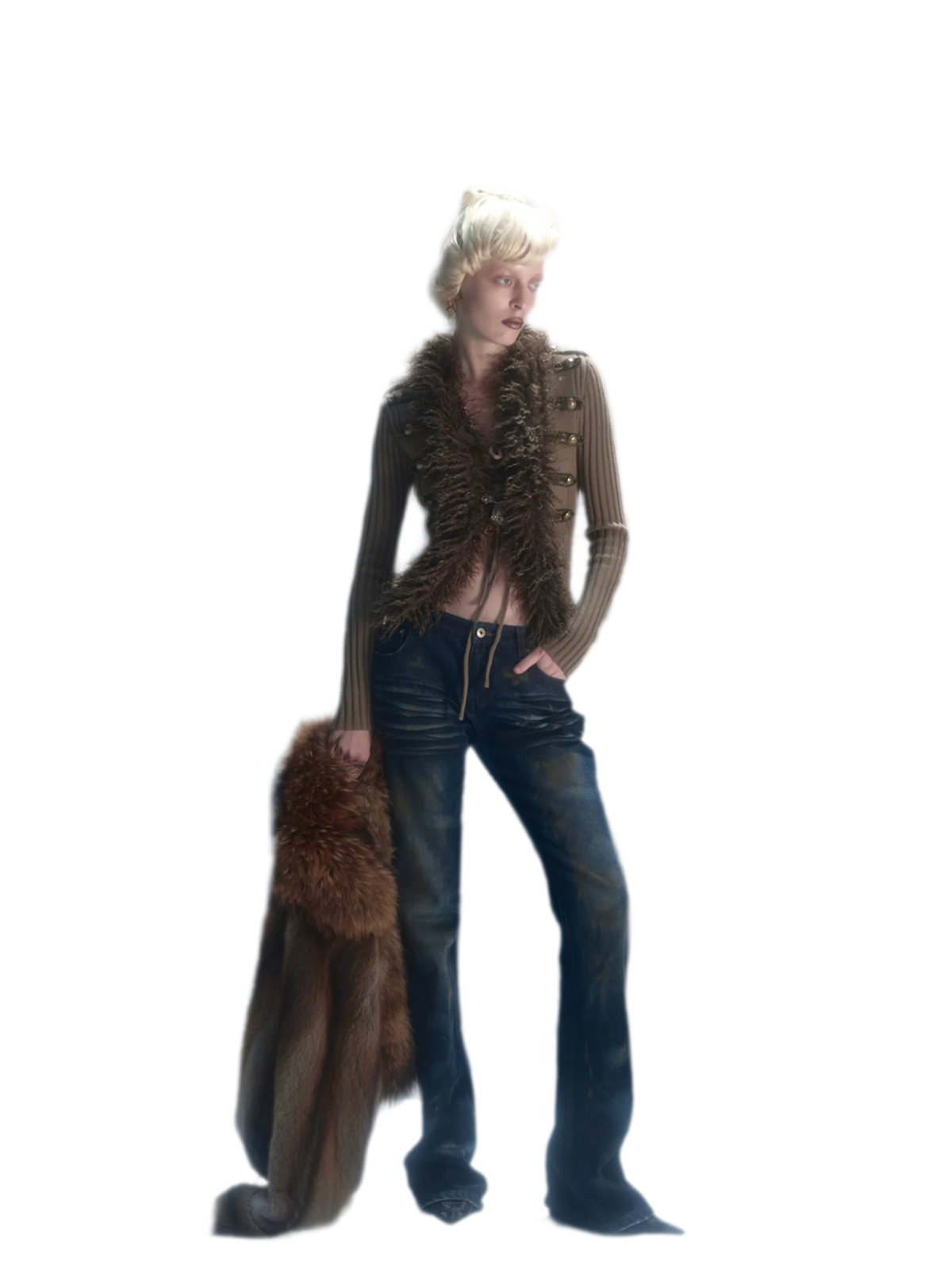 Rib-Knit Fitted Wool-Collar Cardigan