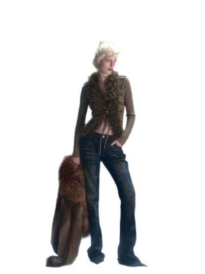 Rib-Knit Fitted Wool-Collar Cardigan