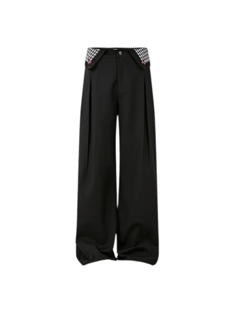 Pleated Houndstooth Wide-Leg Trousers