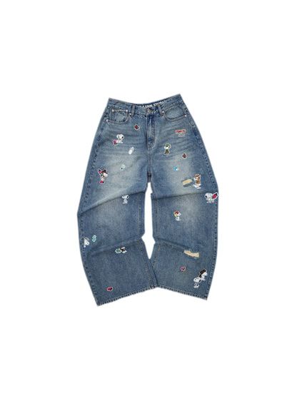 Washed Distressed Wide-Leg Jeans