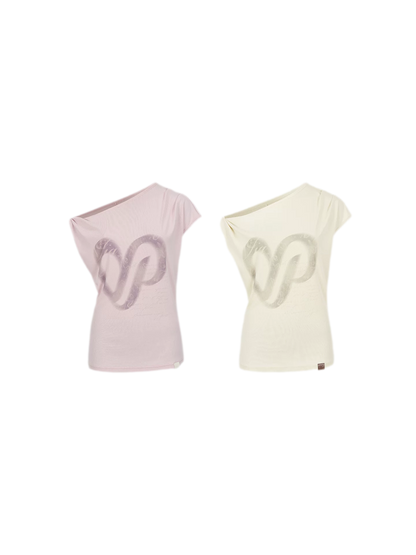 Asymmetric Shoulder Heart Logo Ruched Waist T-shirt