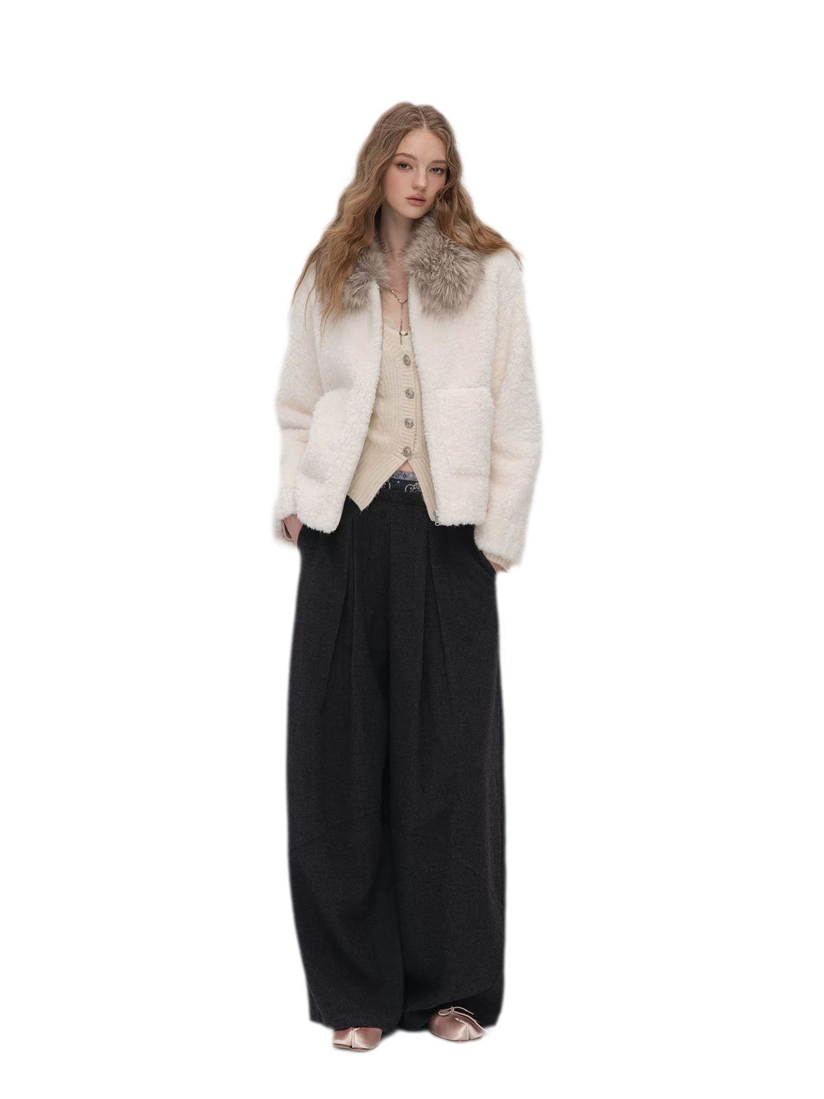 Pleated Contrast Wide-Leg Trousers