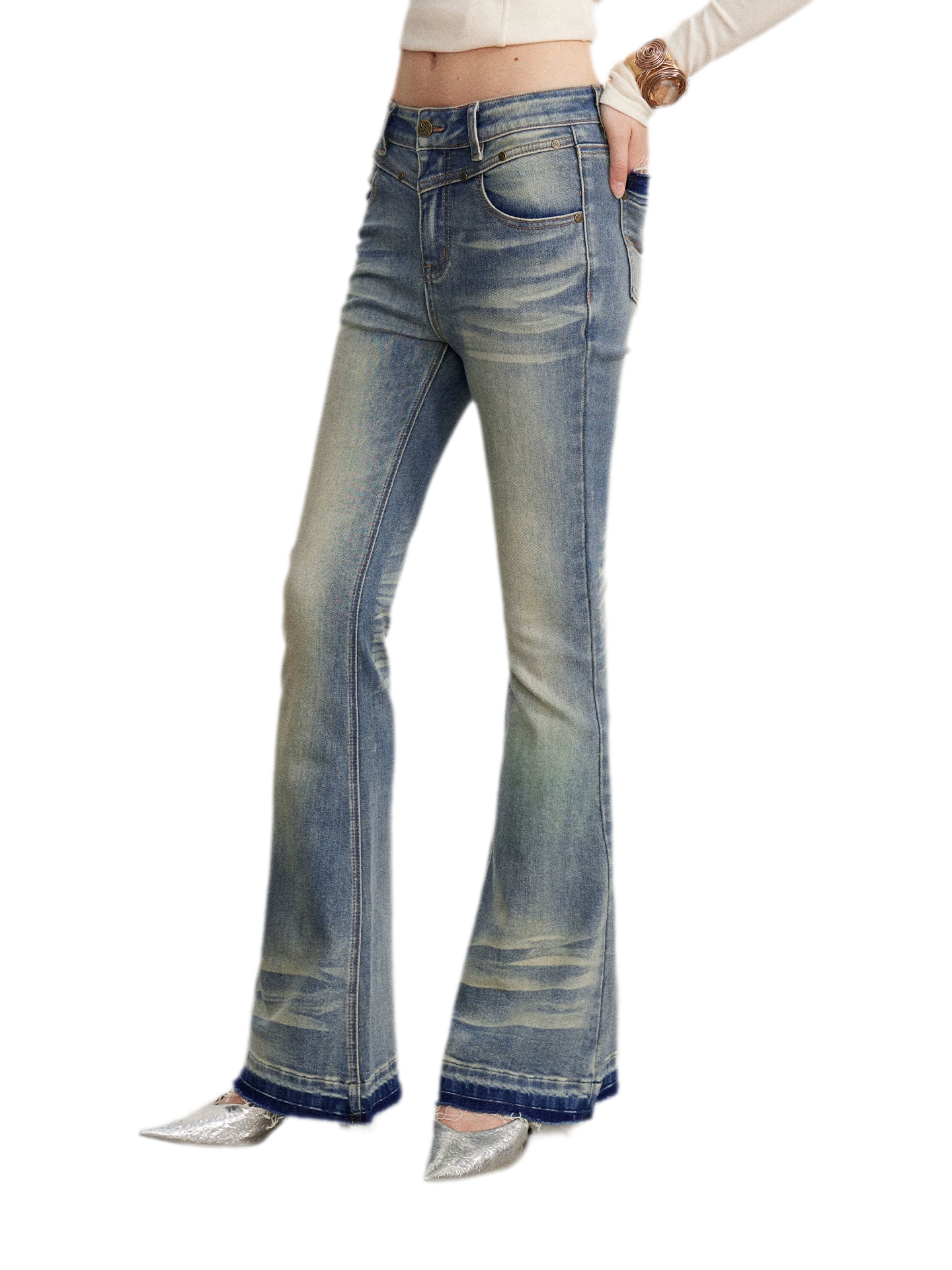 Washed Micro-Flare Contrast-Hem Jeans