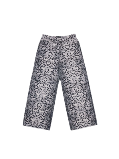 Cross Statue Leopard Print Wide-Leg Jeans