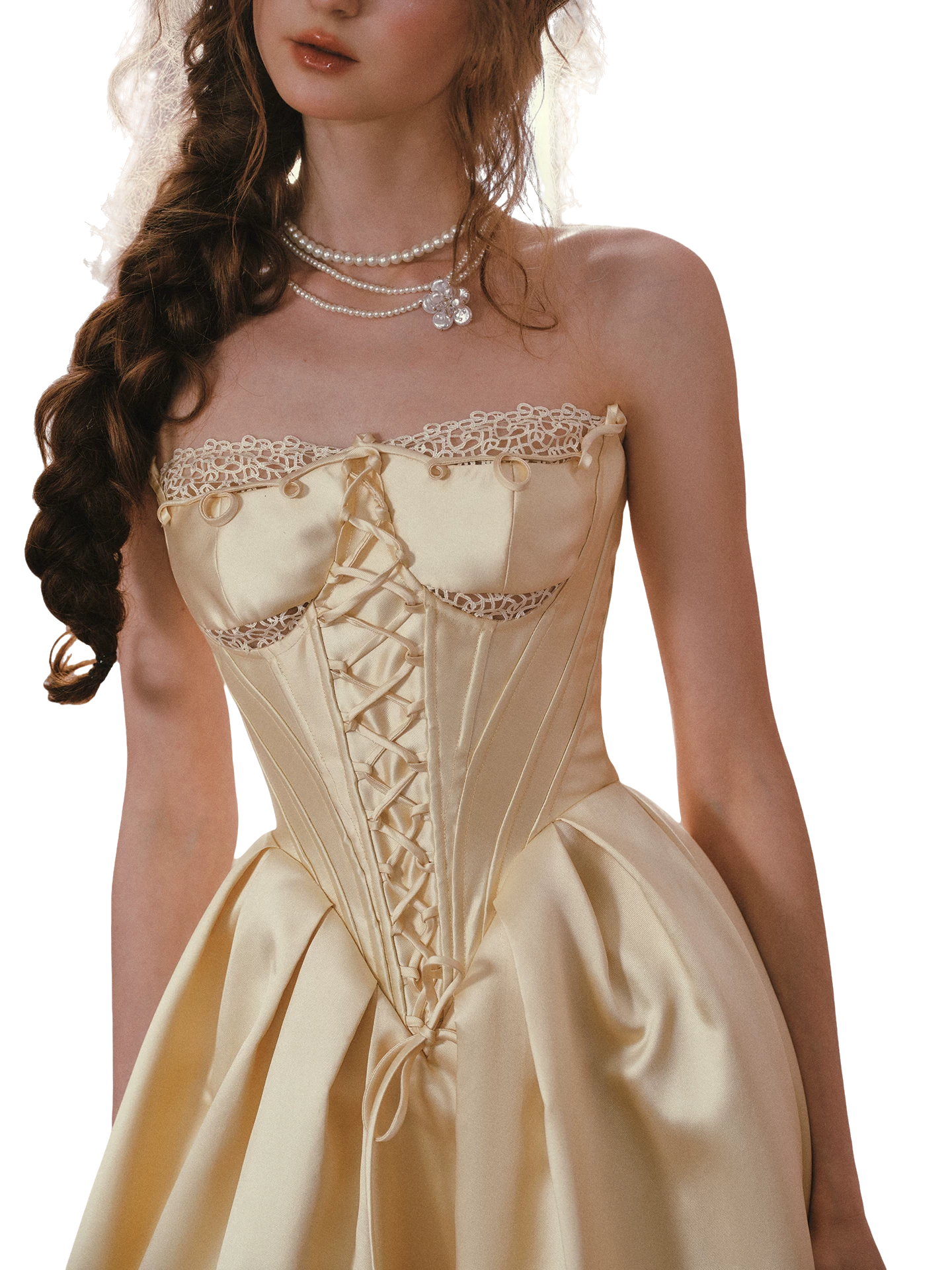Belle Gold French Satin Lace Corset Dress
