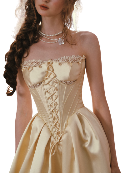 Belle Gold French Satin Lace Corset Dress