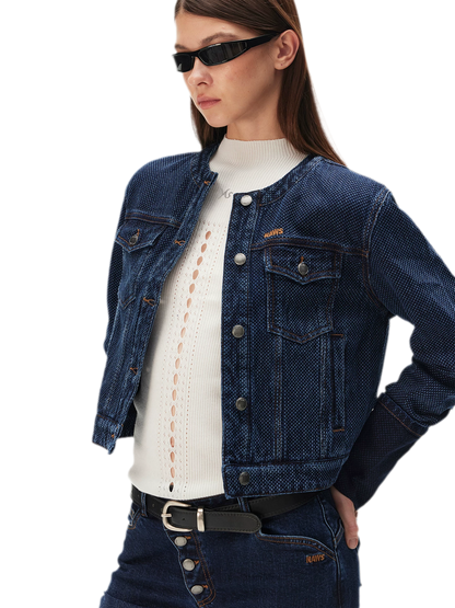Textured Jacquard Cropped Denim Jacket