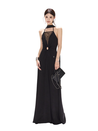 Mesh Lace Deep V Halter Dress with Satin