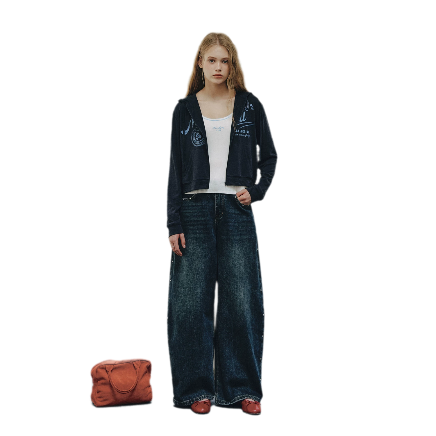 Washed Rivet Curved-Leg Jeans
