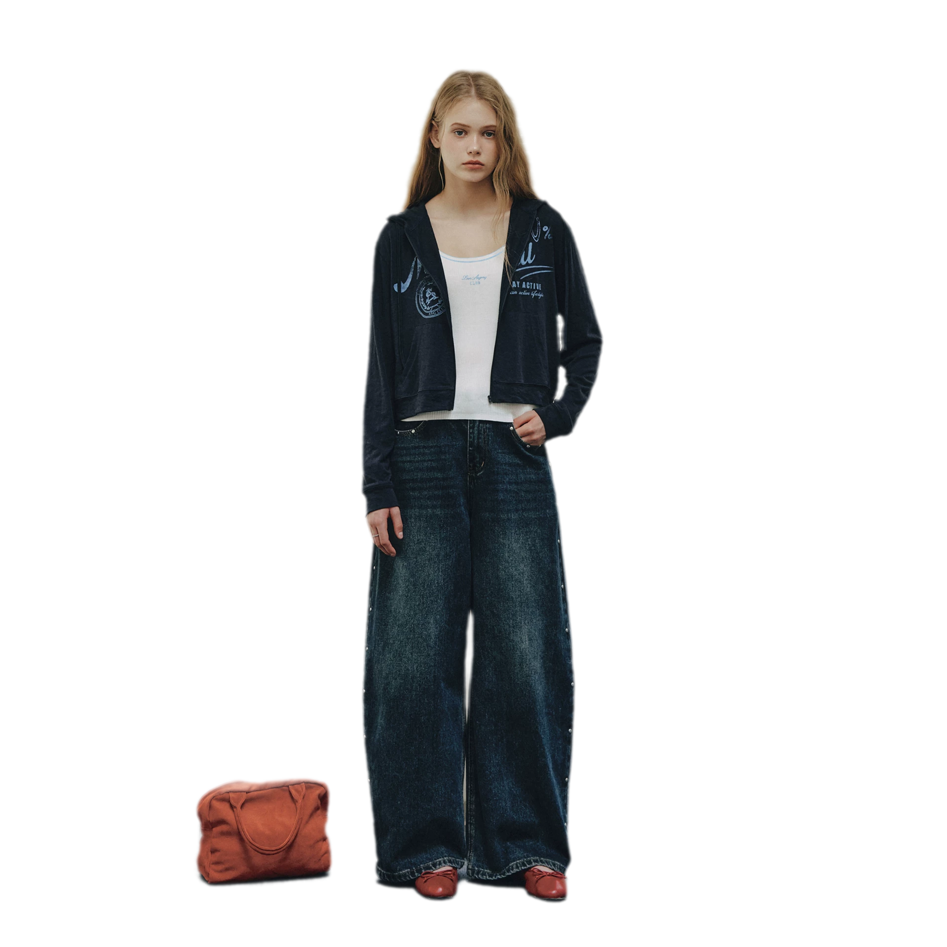Washed Rivet Curved-Leg Jeans