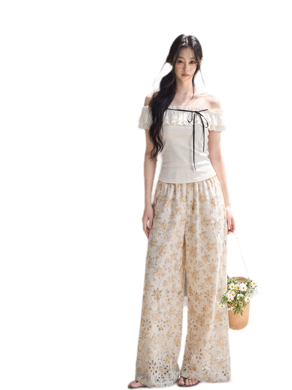 Laser-Cut Floral Wide-Leg Pants