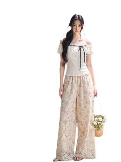 Laser-Cut Floral Wide-Leg Pants
