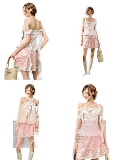 Babypink Satin Ribbon Top &amp; Sequin Skirt Set