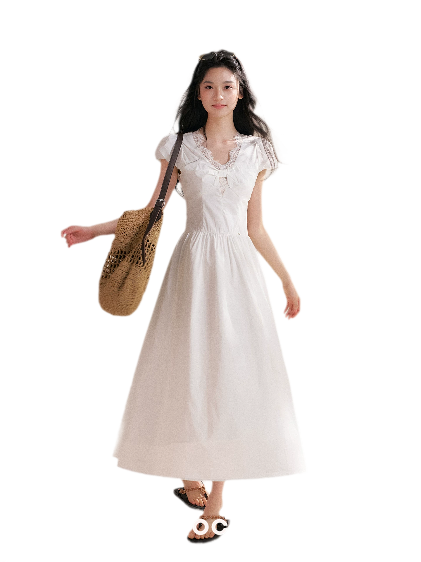 Knot Design French Lace Puff Sleeve A-Line Dress