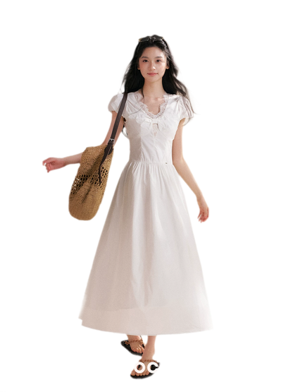 Knot Design French Lace Puff Sleeve A-Line Dress