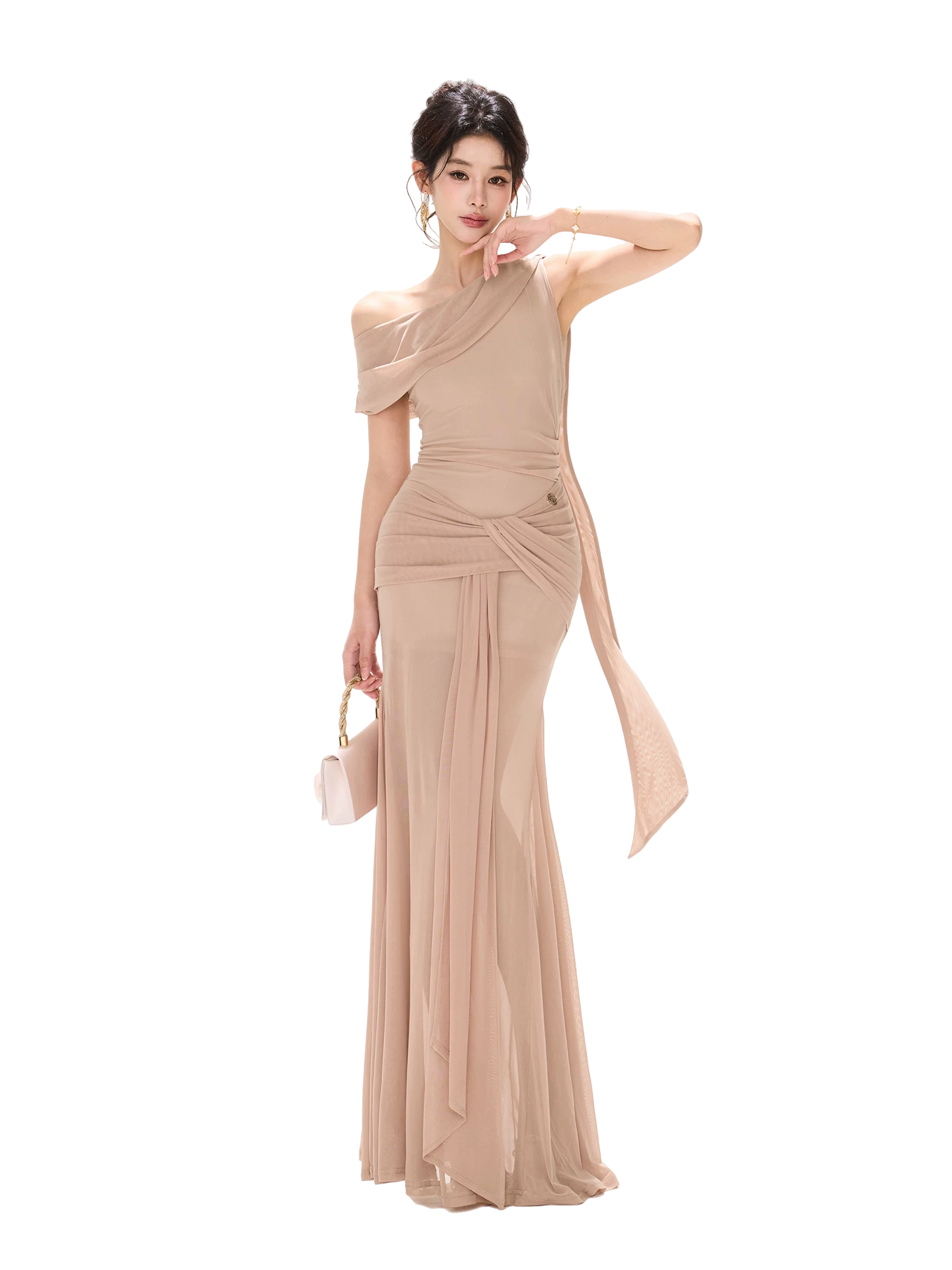Asymmetric Knot Pleated Mermaid Dress
