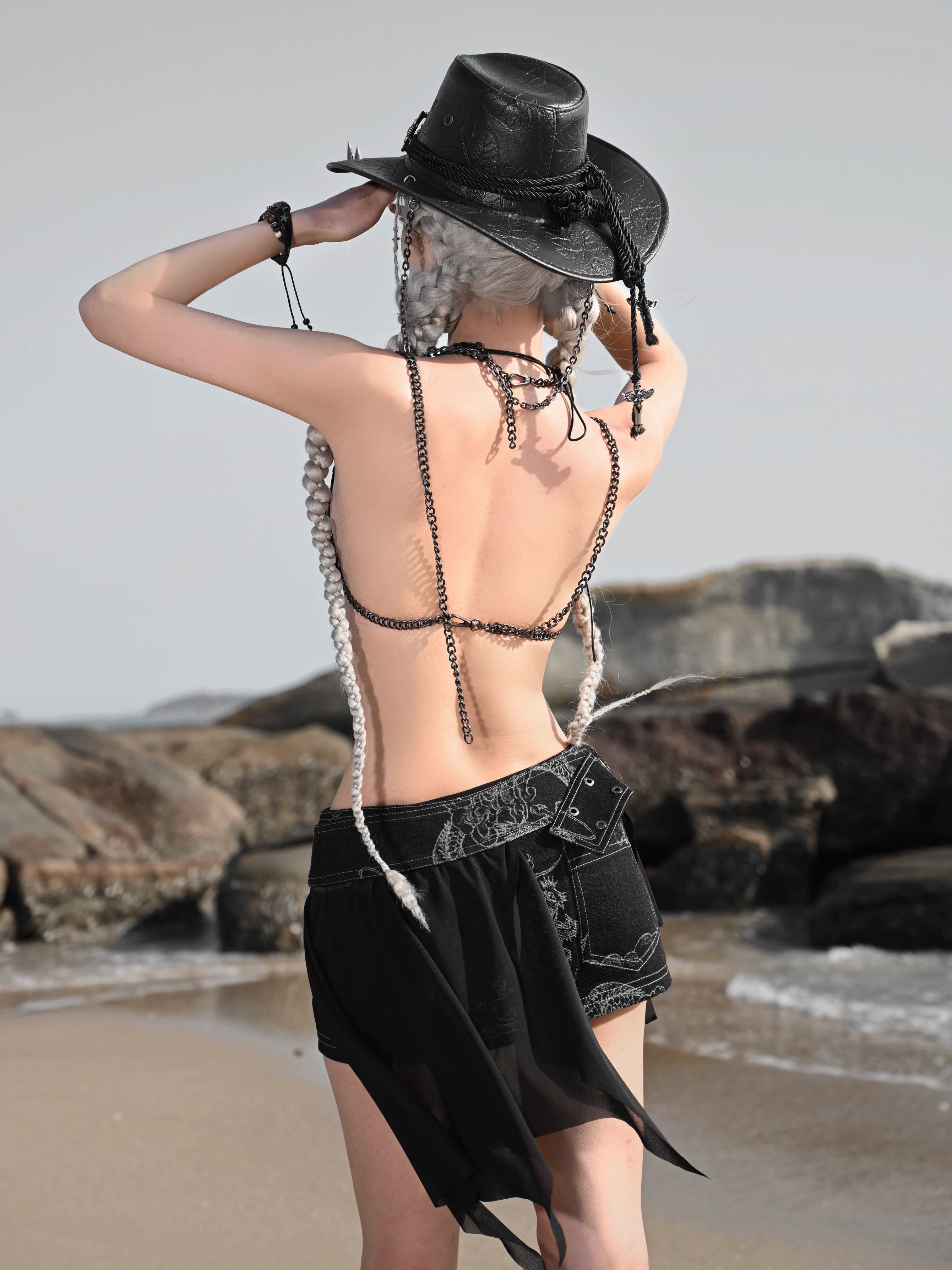 Washed Denim Chain Bikini Top