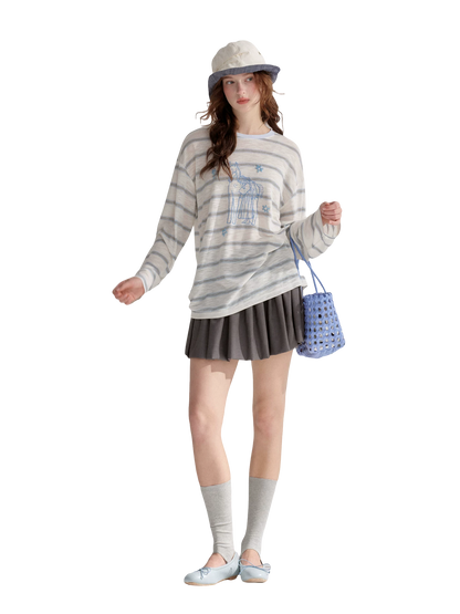 Embroidered Beaded Striped Loose T-shirt