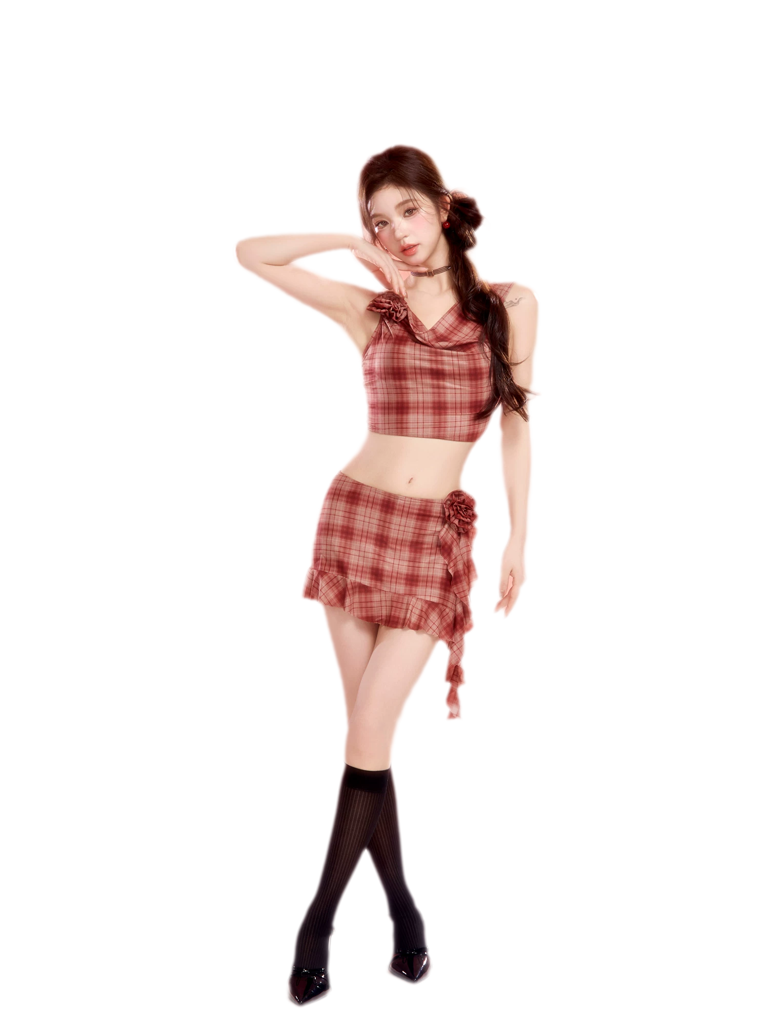 Plaid Cowl Neck Skort Set