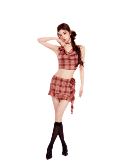 Plaid Cowl Neck Skort Set
