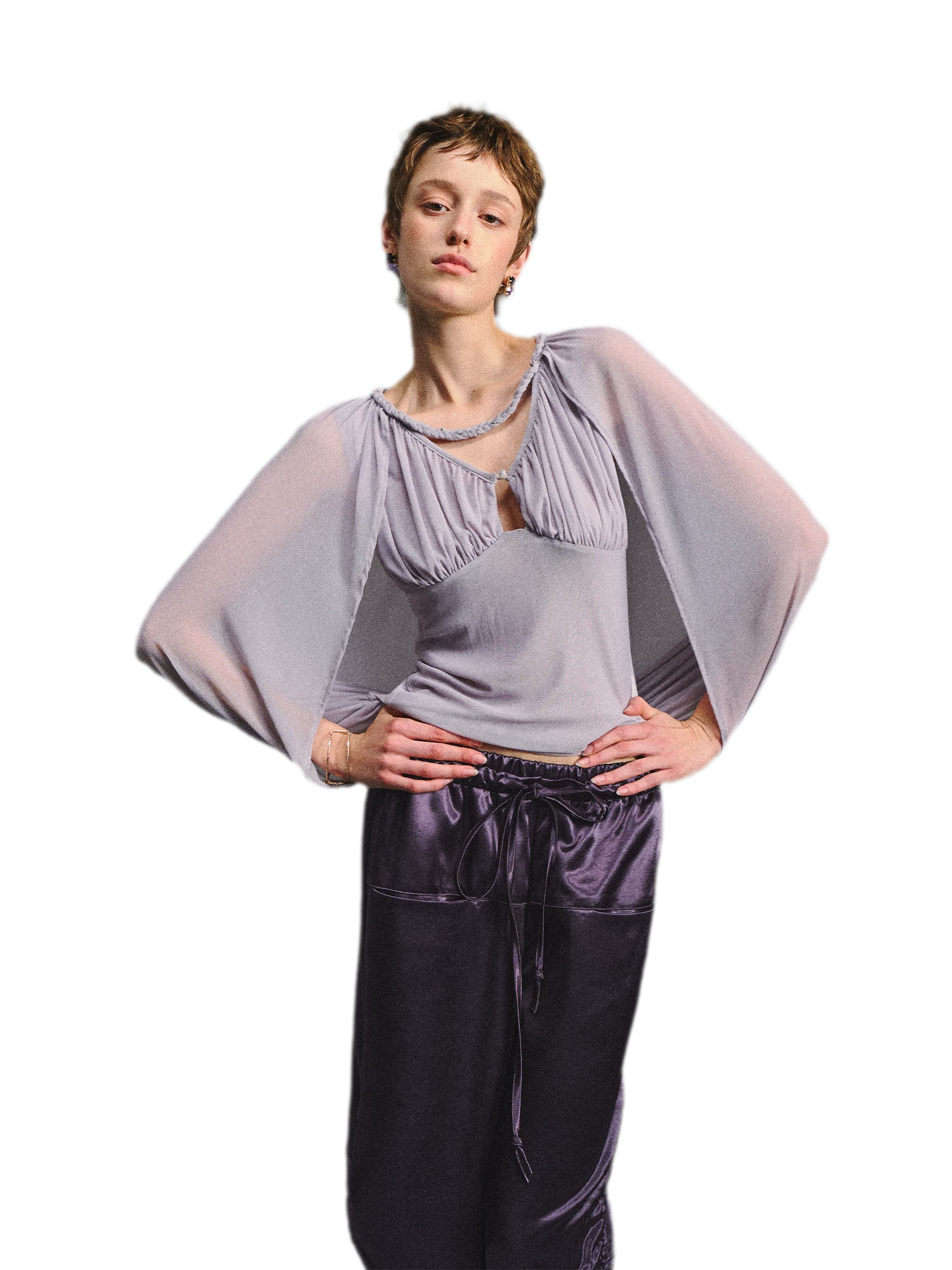 Ruched Mesh V-Neck Top
