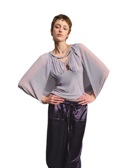 Ruched Mesh V-Neck Top