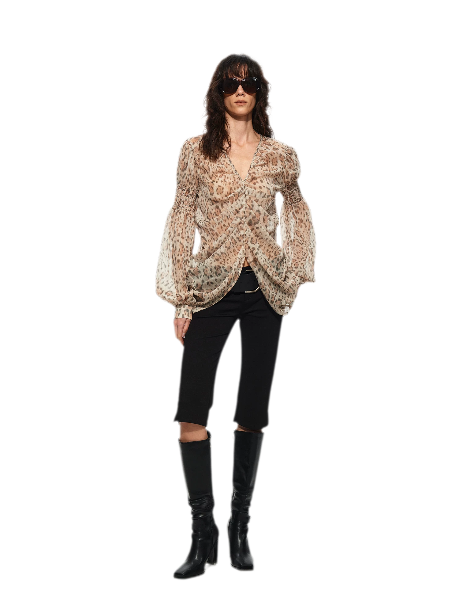 Pleated Bubble Sleeve Chiffon Blouse