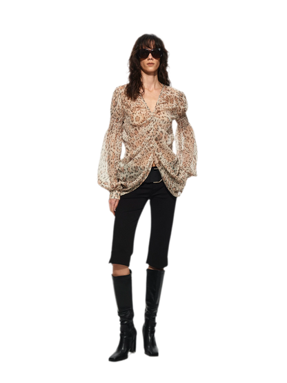 Pleated Bubble Sleeve Chiffon Blouse