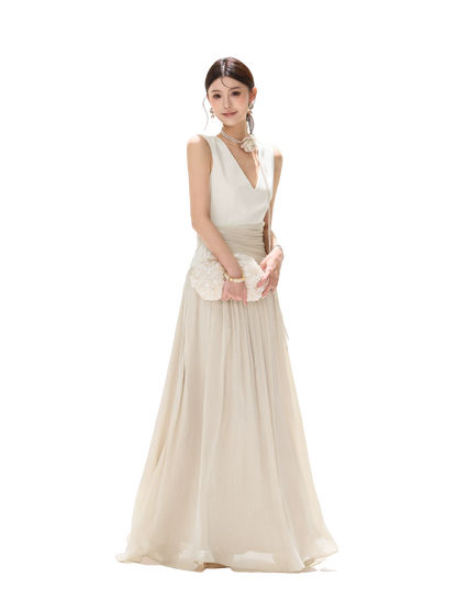 French Style Colorblock Pleated Satin V-Neck Dress