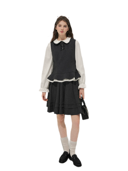 Textured Pleated Vest Skirt Set