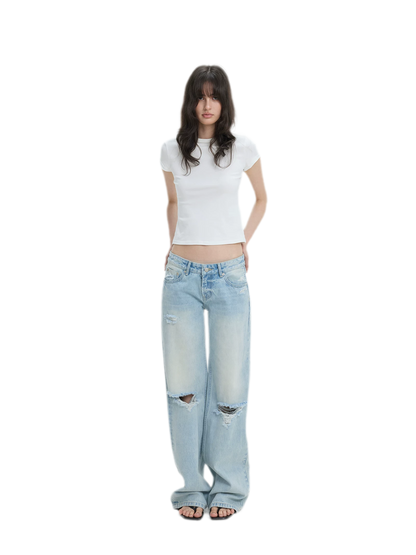 Washed Distressed Straight-Leg Jeans