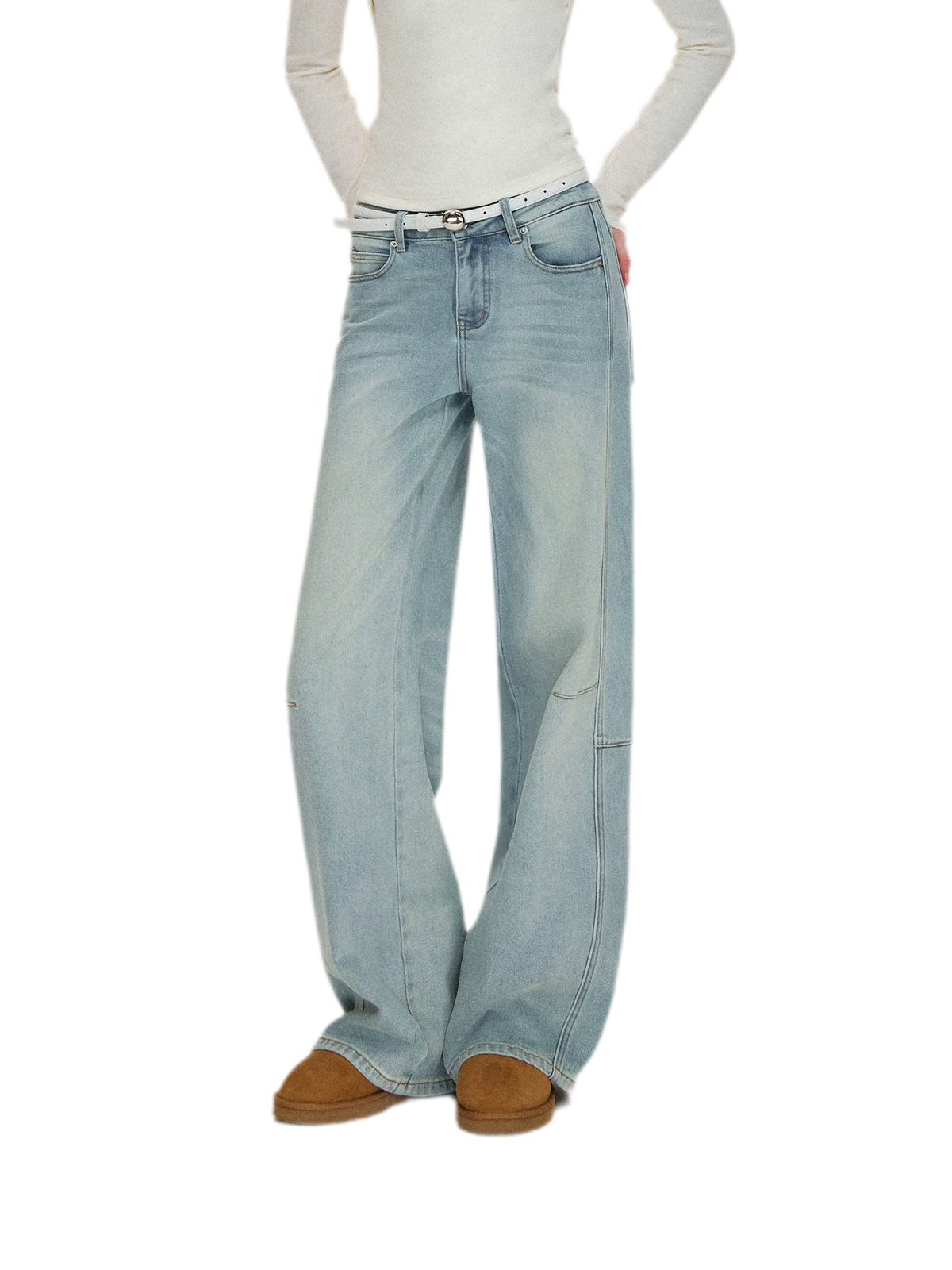 Washed Curved Wide-Leg Jeans