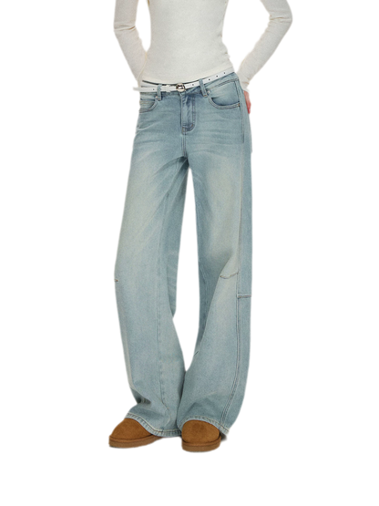 Washed Curved Wide-Leg Jeans