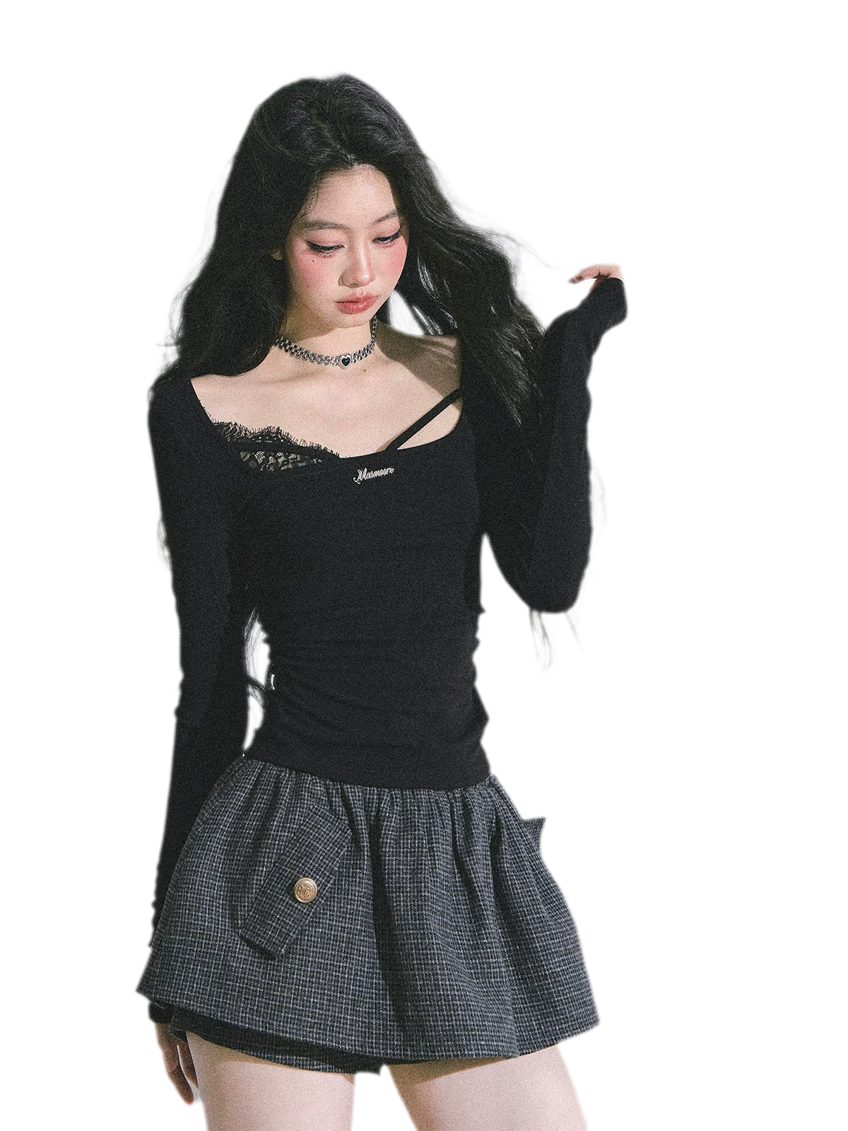 Lace Panel Fitted Long-Sleeve Top