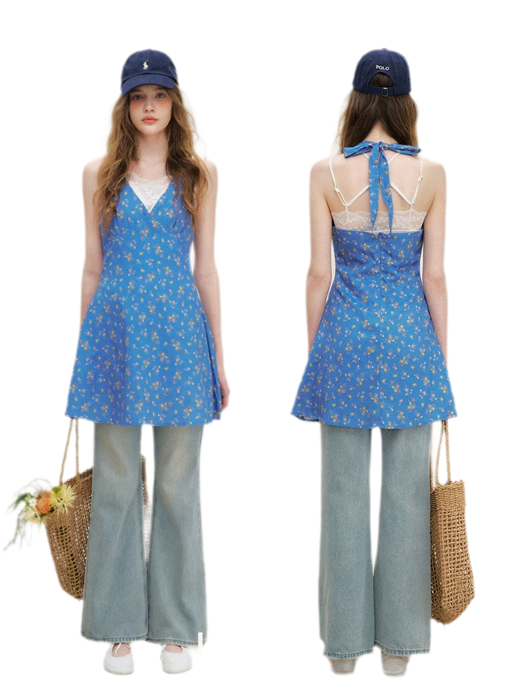 Romantic French Halter V-neck Floral Dress