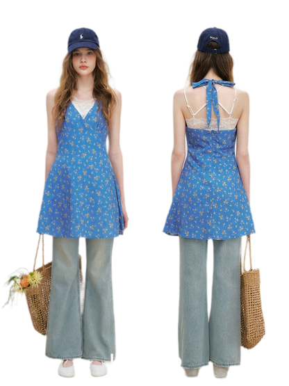 Romantic French Halter V-neck Floral Dress
