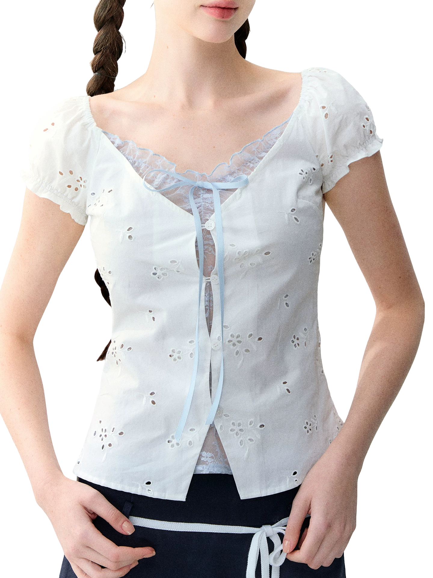 Sweet Elastic Puff Sleeve Lace Short Sleeve Top