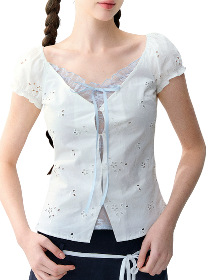 Sweet Elastic Puff Sleeve Lace Short Sleeve Top