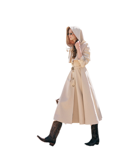 Waist-Defined Hooded Trench Coat